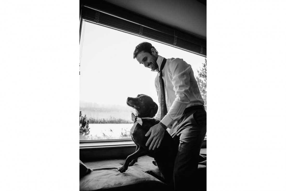 dog with bow tie waiting in the groom's room for the wedding ceremony