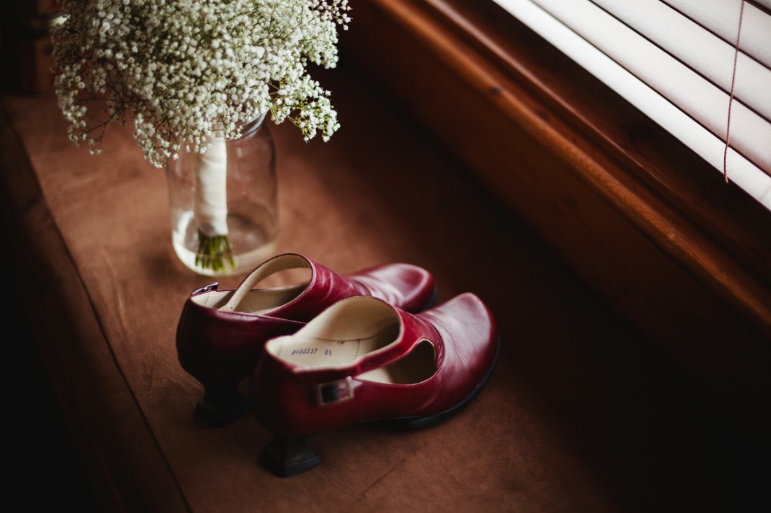 vintage john fluevog red leather wedding shoes and hand made wedding bouquet